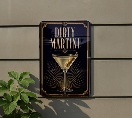 a sign for "Dirty Martini" with a martini glass and olives, mounted on a wall.