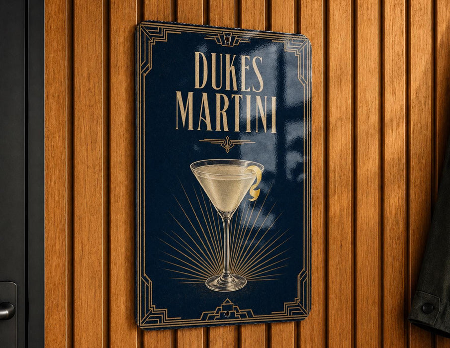 A sign for "DUKE'S MARTINI" is displayed on a wooden wall, featuring an illustration of a martini glass with a lemon twist.