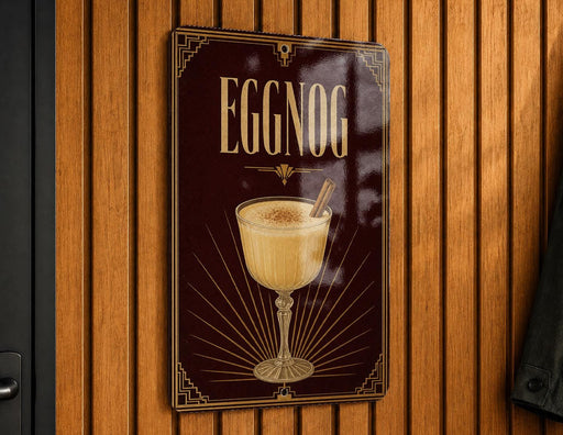 A sign for "Eggnog" is displayed on a wooden wall, featuring an illustration of a glass of eggnog with a cinnamon stick.