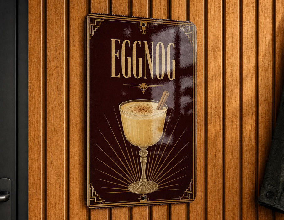 A sign for "Eggnog" is displayed on a wooden wall, featuring an illustration of a glass of eggnog with a cinnamon stick.