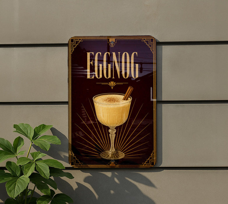 A sign for "Eggnog" is displayed on a wall, featuring an illustration of a glass of eggnog with a cinnamon stick.