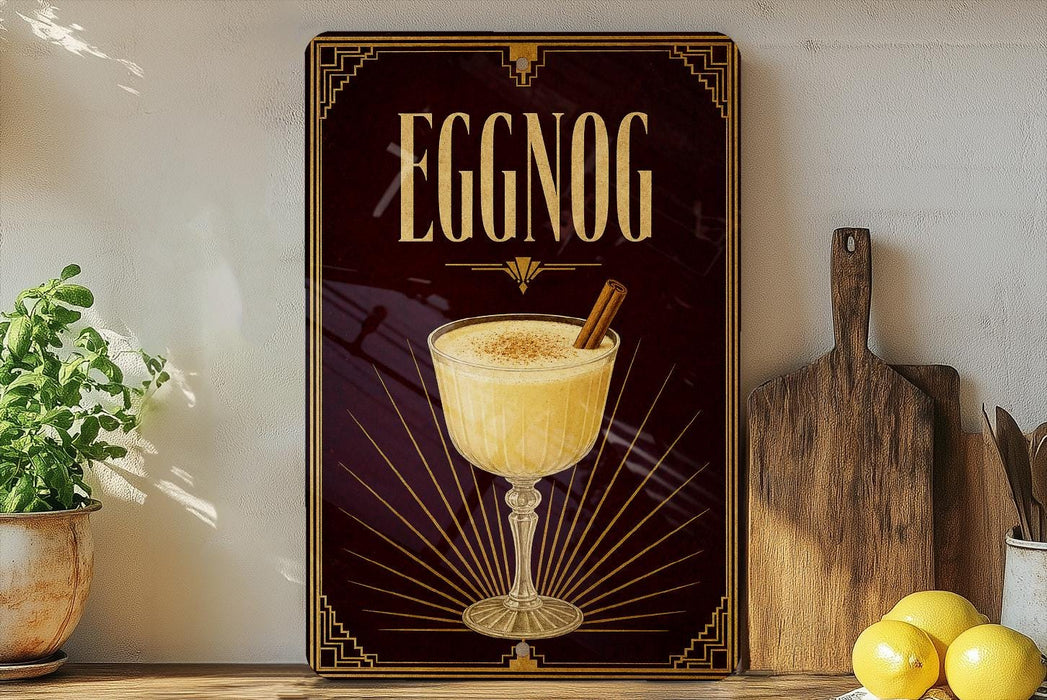 A framed poster of a glass of eggnog is displayed on a shelf, with a wooden cutting board and a potted plant to the side.