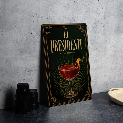 a poster or sign with the title "EL PRESIDENTE" displayed prominently.