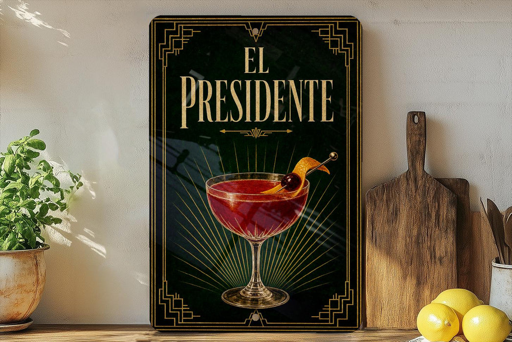 a decorative sign with a glass of red cocktail and a cherry on a wooden surface, accompanied by a wooden cutting board and a potted plant.