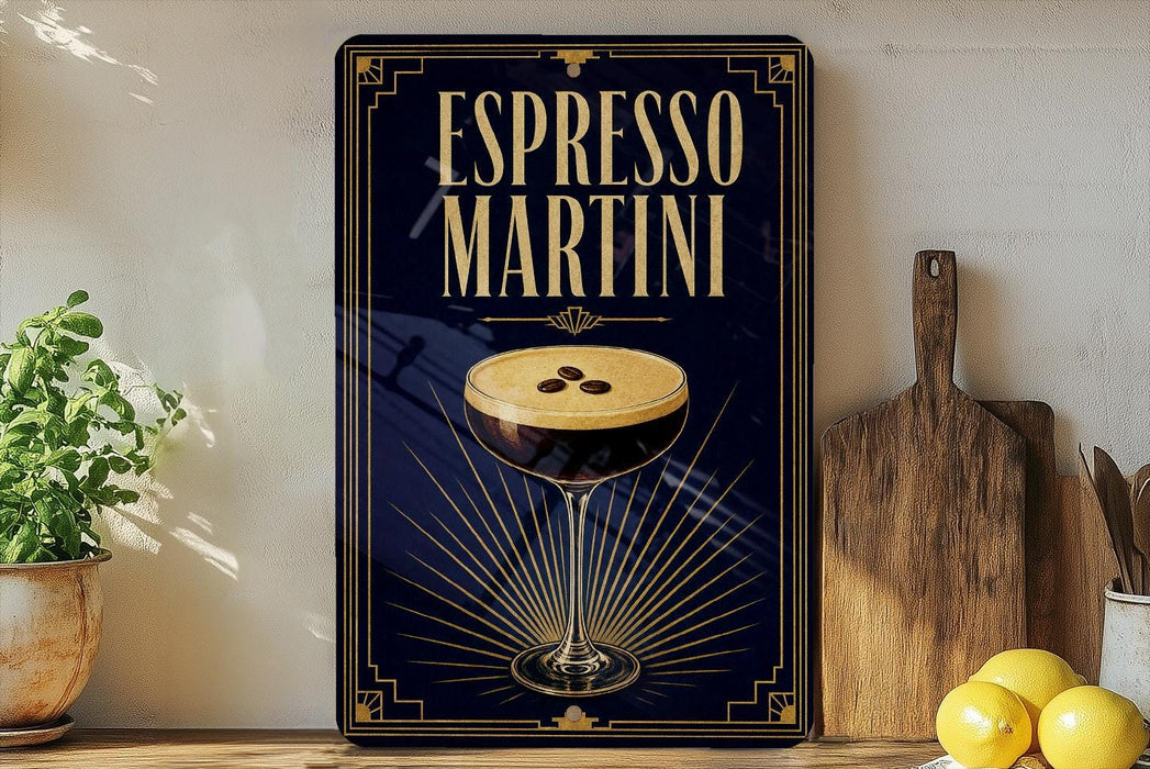 A framed poster advertising espresso martini, featuring an illustration of a martini glass with a frothy head and a lemon slice.