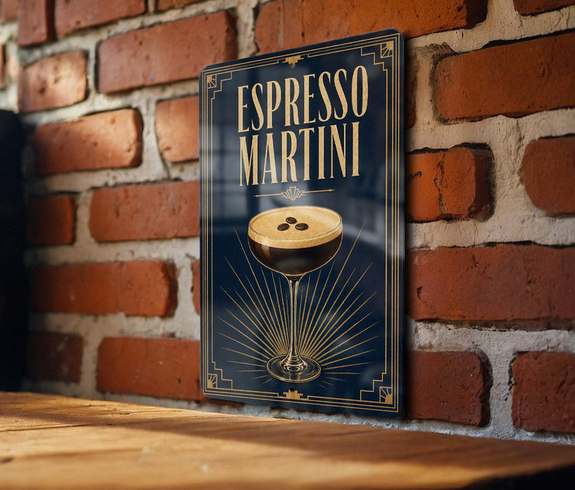 A poster or sign for "Espresso Martini" is displayed on a brick wall, featuring an illustration of a martini glass with a frothy head and coffee beans.