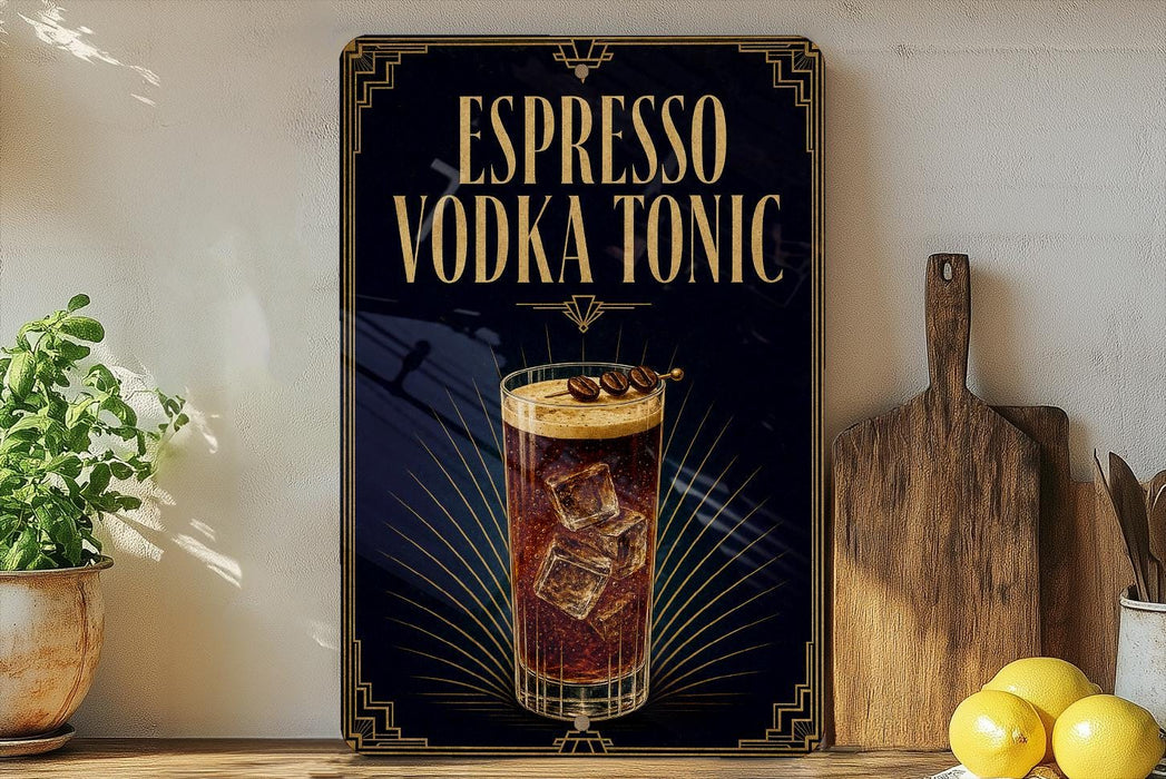 a poster advertising an espresso vodka tonic cocktail, with a glass of the cocktail and ice cubes displayed prominently.