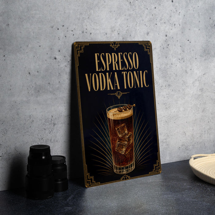 A black and gold sign with the text "ESPRESSO VODKA TONIC" and an illustration of a glass of espresso tonic.
