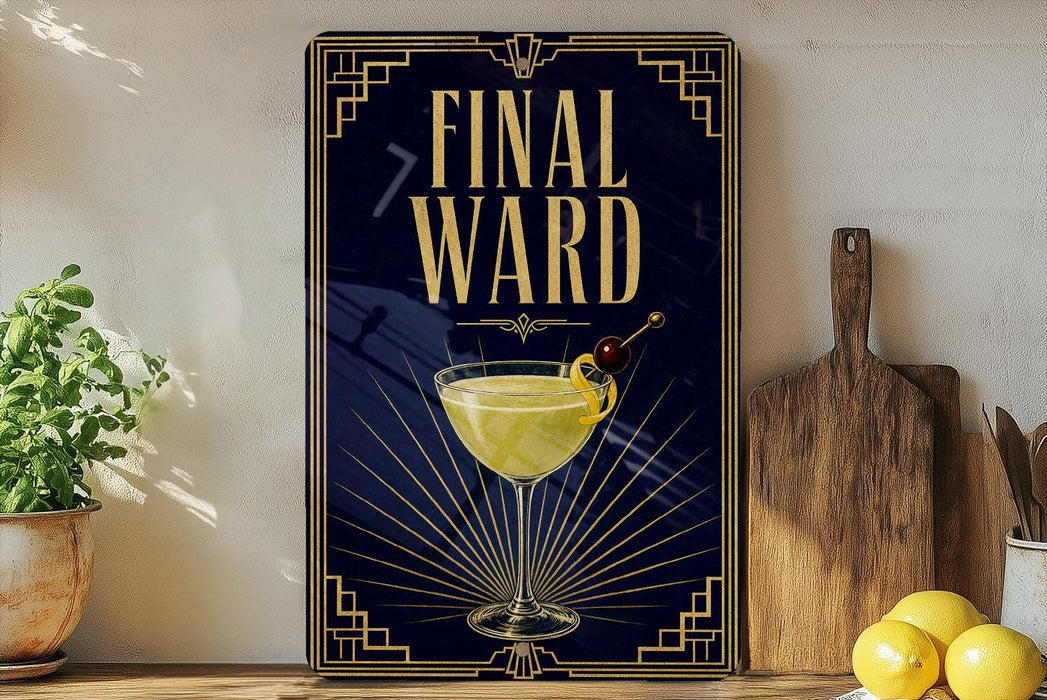 a framed poster with a cocktail glass and a lemon on a wooden surface, along with a wooden cutting board and a potted plant.