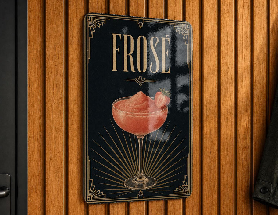 a sign for a drink called "FROSE" with a glass illustration of a pink drink and a strawberry garnish.