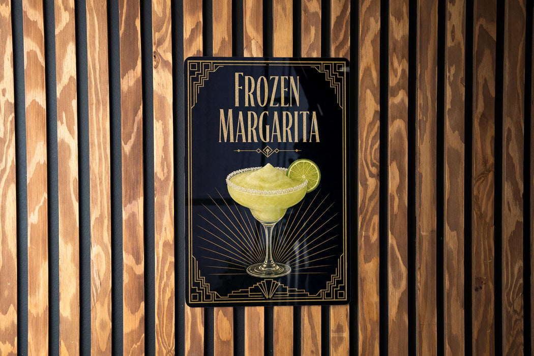 A sign for a frozen margarita is displayed on a wooden wall.