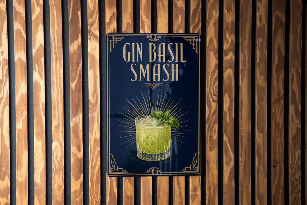 A sign for a gin smash cocktail is displayed on a wooden wall.