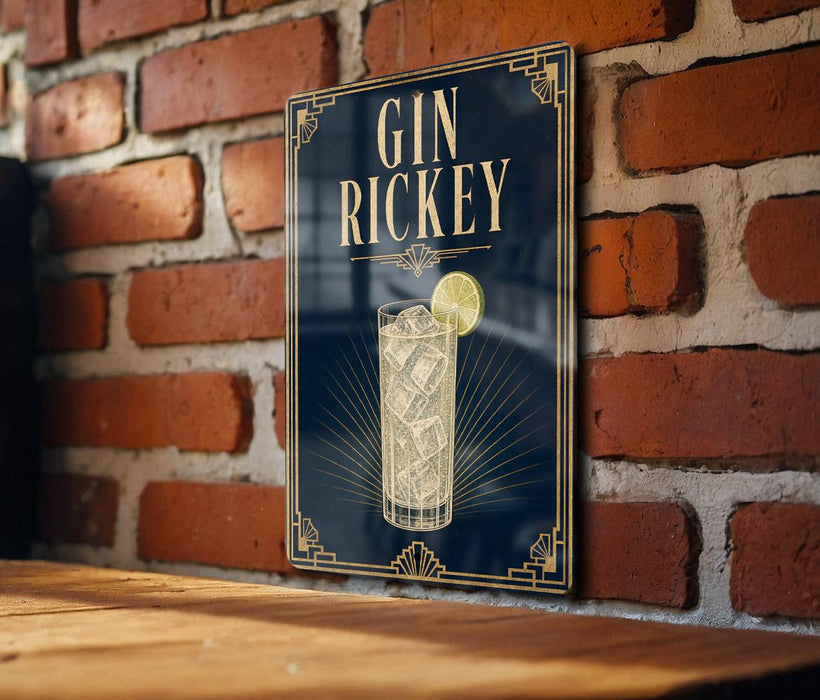 A sign for "Gin Richey" is displayed on a brick wall, featuring an illustration of a gin and tonic drink with a lemon slice.
