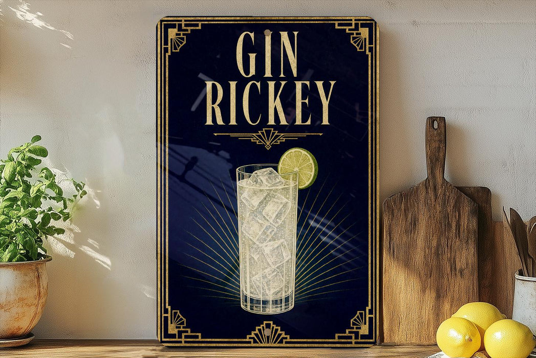 A framed advertisement for a gin and tonic drink, featuring a glass of the beverage with a lime slice and a decorative border.