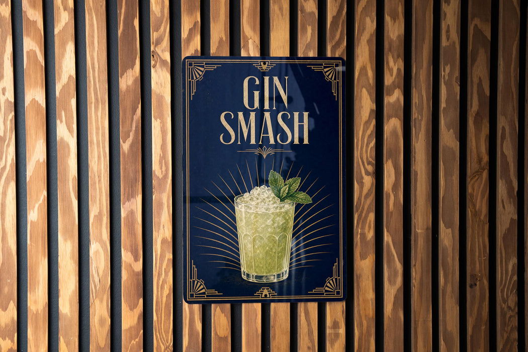 A sign with the text "GIN SMASH" and an illustration of a cocktail is displayed on a wooden wall.