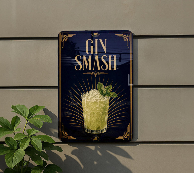 A sign with the text "GIN SMASH" and an illustration of a cocktail on a dark background.