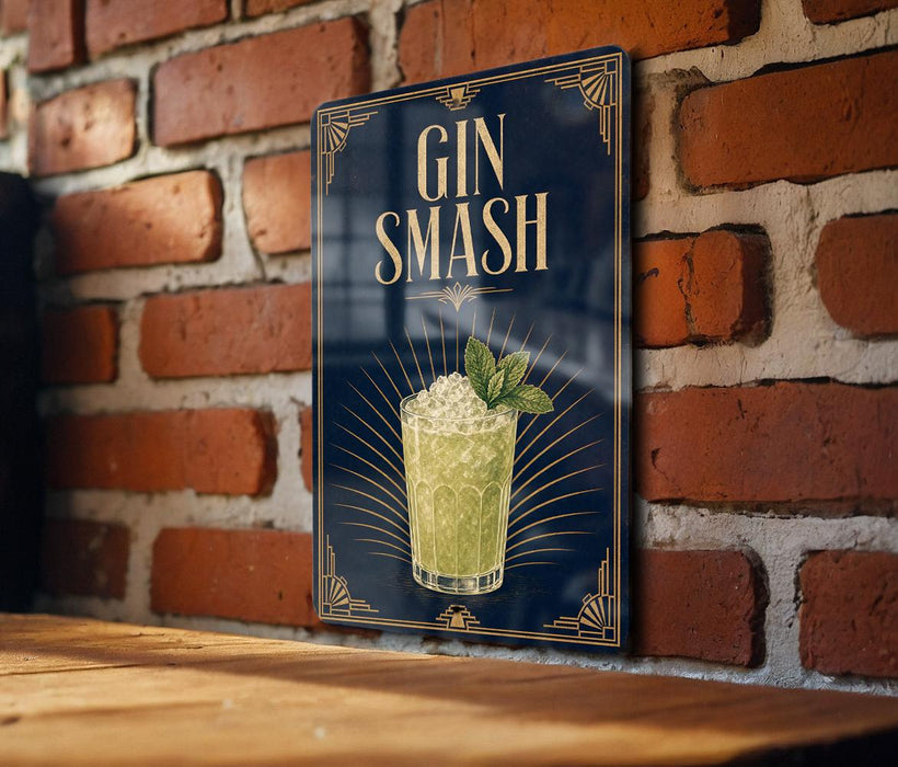 A sign with the text "GIN SMASH" and an illustration of a cocktail is displayed on a brick wall.