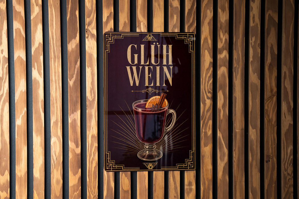 A poster with the text "GLUH WEIN" and an illustration of a hot beverage, likely a mulled wine or spiced hot chocolate, is displayed on a wooden wall.