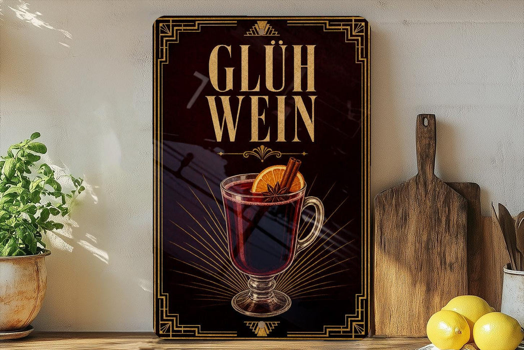 A framed poster with the text "GLÜH WEIN" and an illustration of a glass of red liquid, possibly a hot beverage, garnished with an orange slice.