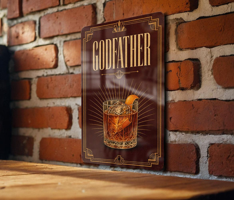A sign with the word "GODFATHER" and an illustration of a cocktail glass with an orange slice, mounted on a brick wall.