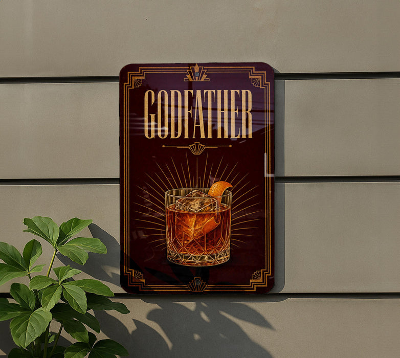 A sign for a bar called "Godfather" with an illustration of a cocktail on it.