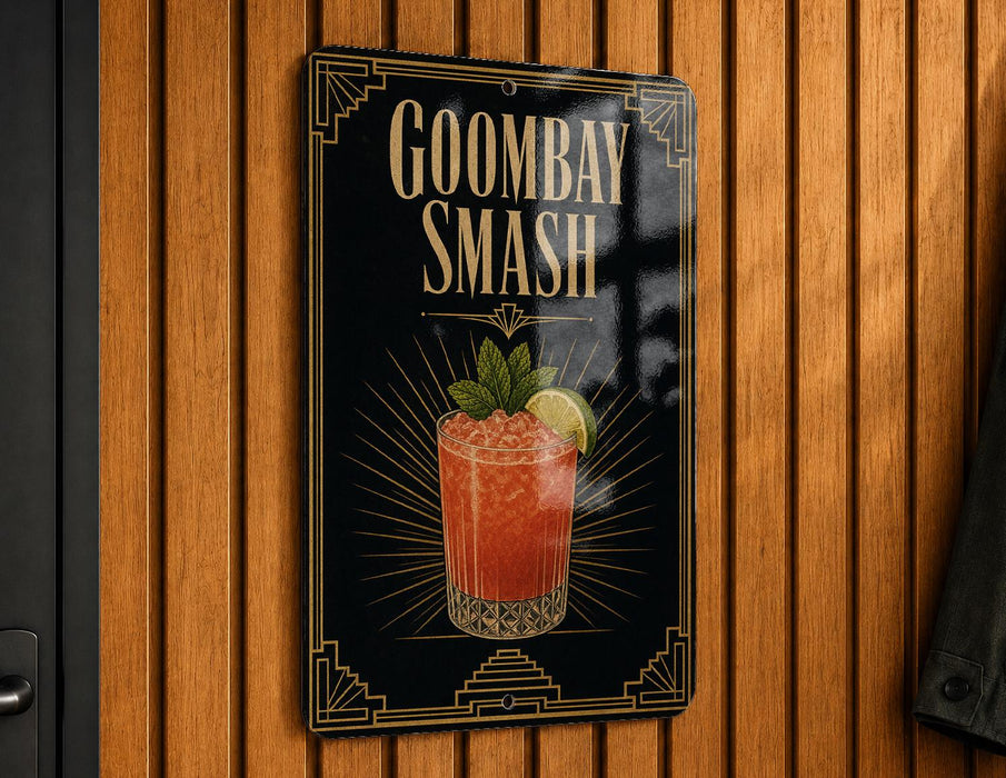 A sign for Goombay Smash cocktail is displayed on a wooden wall.