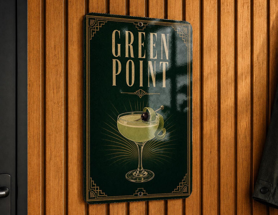 A sign for "Green Point" cocktail, featuring a glass illustration and a garnish.