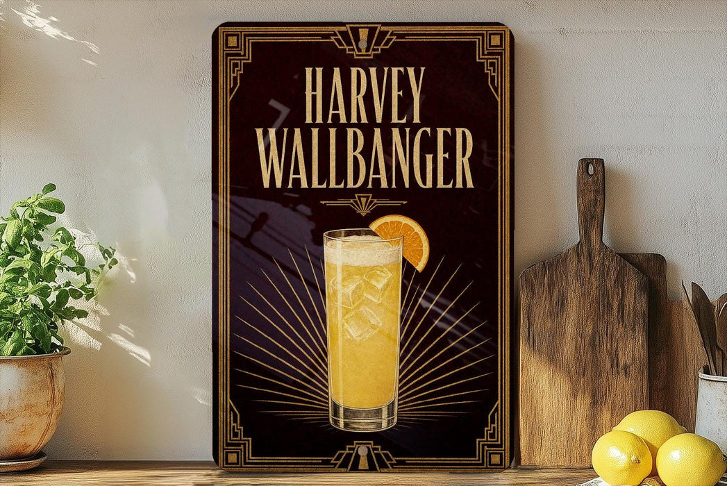 A framed advertisement for a cocktail called "Harvey Wallbanger" featuring a glass of the drink and an orange slice.