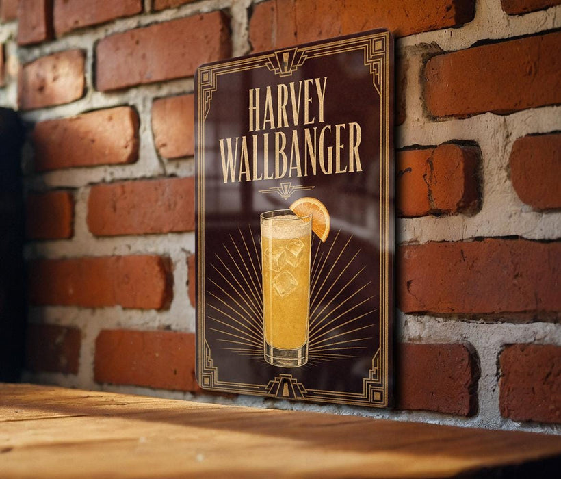 A sign for "Harvey Wallbanger" cocktail is displayed on a brick wall, featuring an illustration of a glass with a slice of orange.
