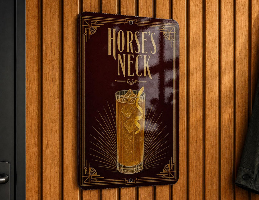 A sign for "Horse's Neck" cocktail, featuring an illustration of a glass filled with a yellow-colored drink and ice cubes.