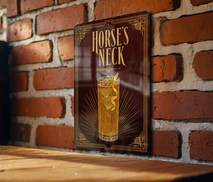 a sign with the text "HORSE'S NECK" and an illustration of a cocktail glass with ice cubes.