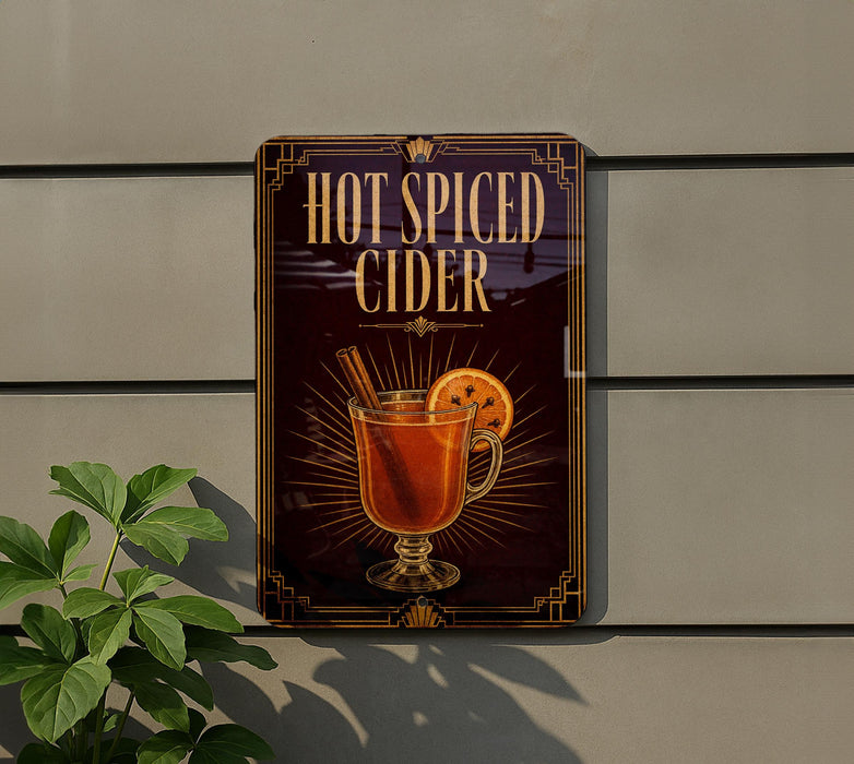 A sign advertising "Hot Spiced Cider" is displayed on a wall, featuring an illustration of a glass of hot cider with a slice of orange and a cinnamon stick.