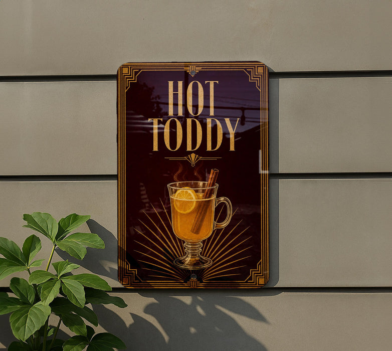 A sign for "Hot Toddy" is displayed on a wall, featuring an illustration of a hot beverage with a lemon slice and cinnamon sticks.