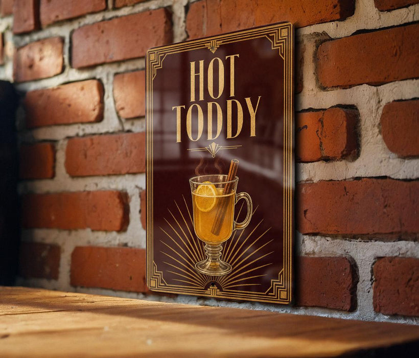 A sign with the text "HOT TODDY" and an illustration of a hot beverage, likely a hot chocolate or mulled wine, is displayed on a brick wall.
