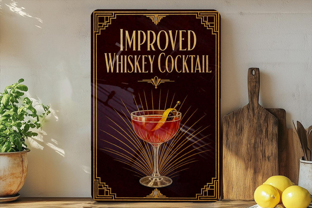 a sign advertising an improved whiskey cocktail, with a glass of the cocktail and a lemon on display.