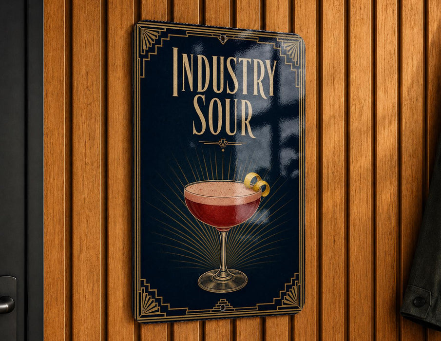 A sign for "Industry Sour" cocktail, featuring an illustration of a glass with a red drink and lemon slices.