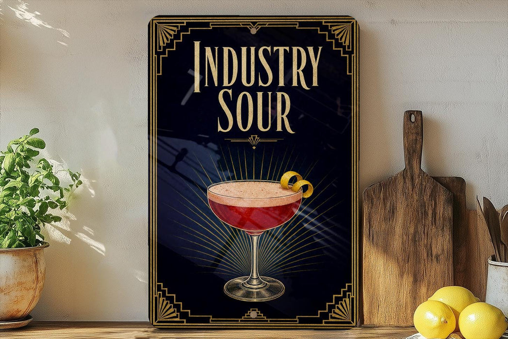 a decorative sign with the text "INDUSTRY SOUR" and an illustration of a cocktail glass with a lemon twist.