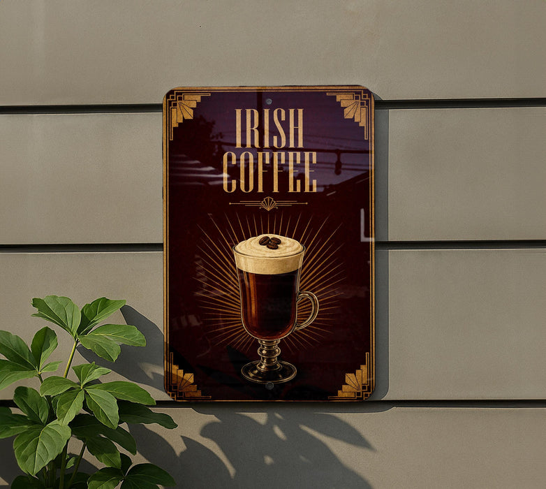 A sign for "Irish Coffee" is displayed on a wall, featuring an illustration of a cup of Irish coffee with a frothy top.