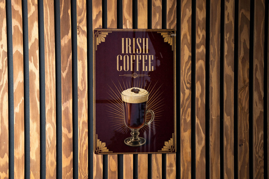a poster advertising Irish coffee, with a close-up of a cup of Irish coffee on the poster.