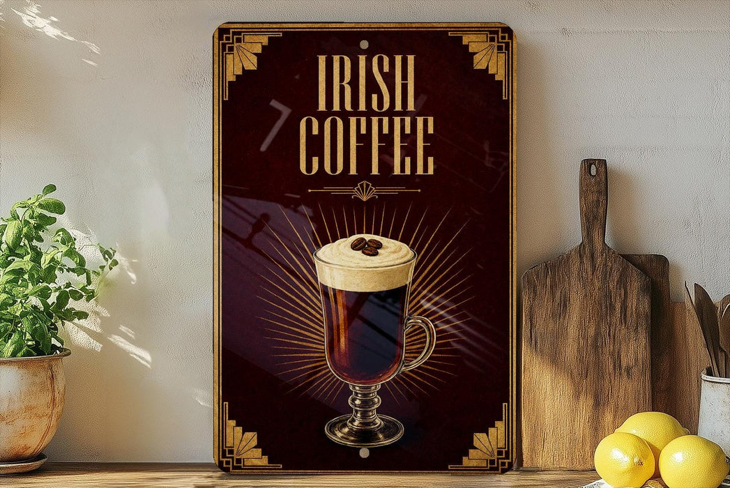 a sign advertising Irish coffee, with a glass of Irish coffee prominently displayed in the center.