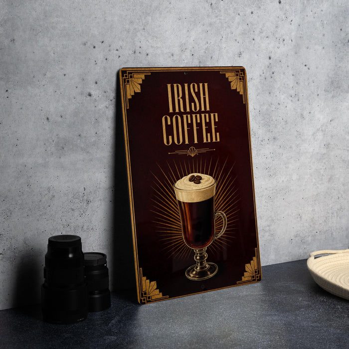 A sign for Irish Coffee is displayed on a table, featuring an illustration of a coffee cup with a frothy beverage.