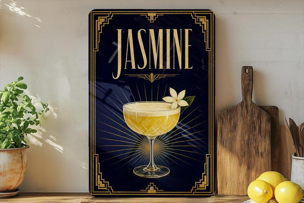 A framed poster with a glass of jasmine cocktail and a white flower on a dark background, placed on a wooden shelf next to a wooden cutting board and a potted plant.