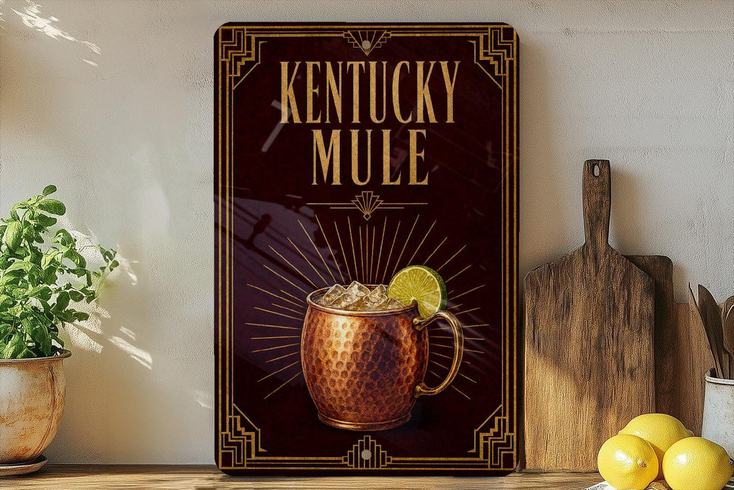 A decorative sign for Kentucky Mule, featuring a copper mug with a lemon slice, is displayed on a shelf next to a wooden cutting board and a potted plant.