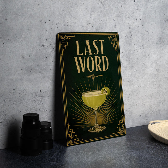 a framed poster with the text "LAST WORD" and an illustration of a cocktail glass.