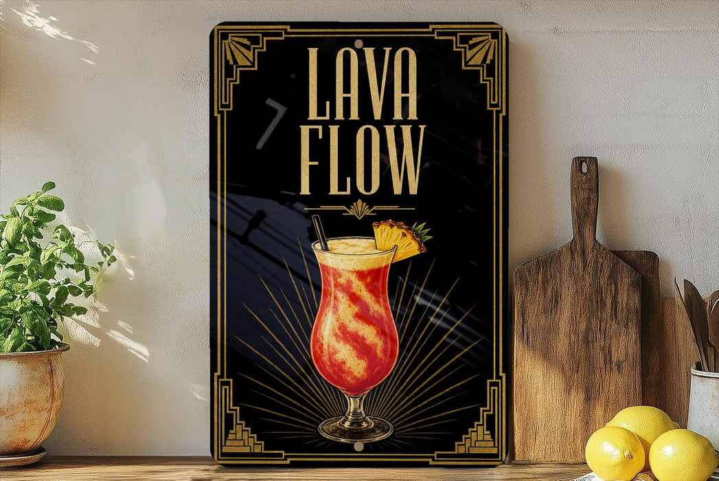 A framed poster with the text "Lava Flow" and an illustration of a colorful drink, placed on a wooden shelf next to a wooden cutting board and a potted plant.