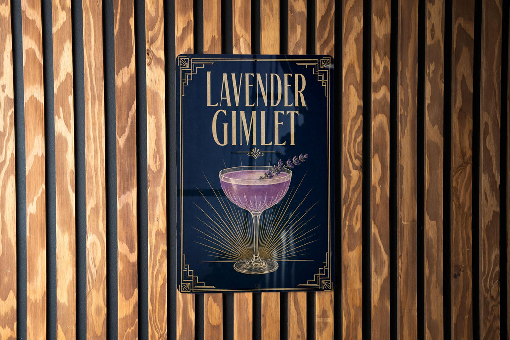 A sign for a lavender gimlet cocktail is displayed on a wooden wall.