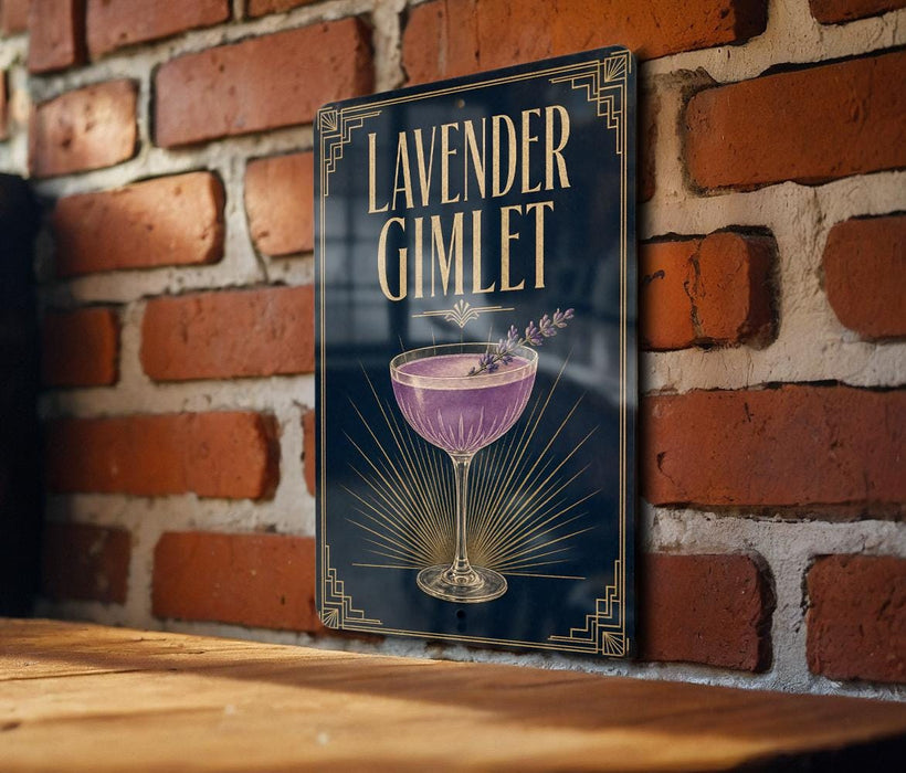 A sign for a lavender gimlet cocktail is displayed on a brick wall.