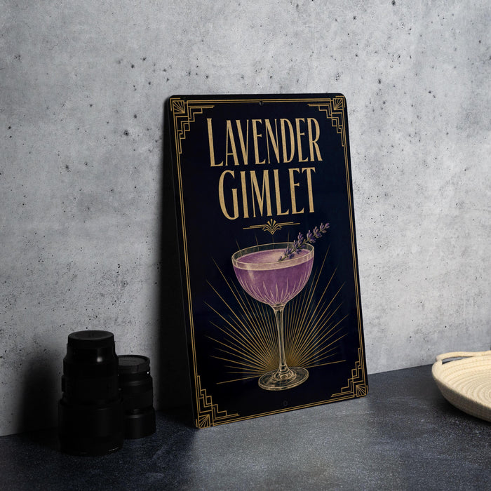 a decorative sign with the text "LAVENDER GIMLET" and an illustration of a glass containing a purple drink, possibly a cocktail or wine.