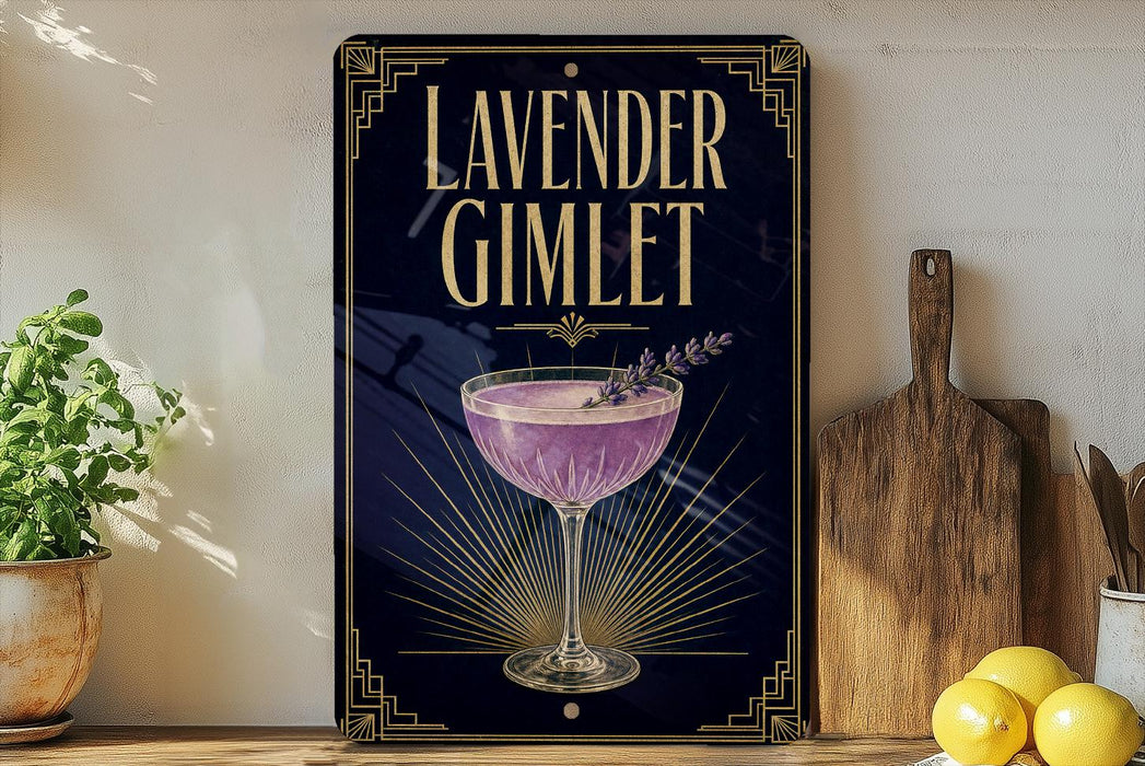 a decorative sign with a purple drink in a glass, surrounded by a wooden board and a potted plant.