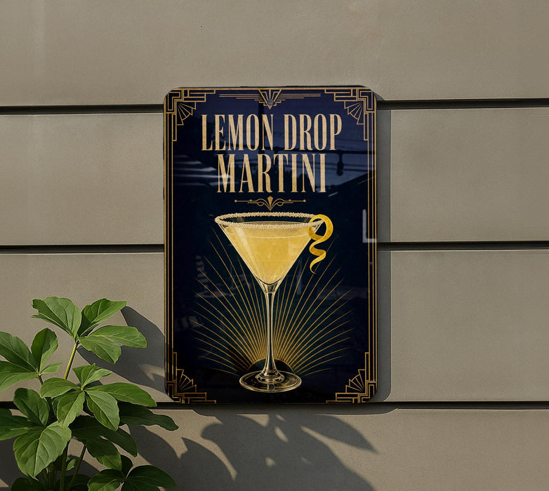 A sign for a lemon drop martini is displayed on a wall, featuring an illustration of a martini glass with a lemon twist.